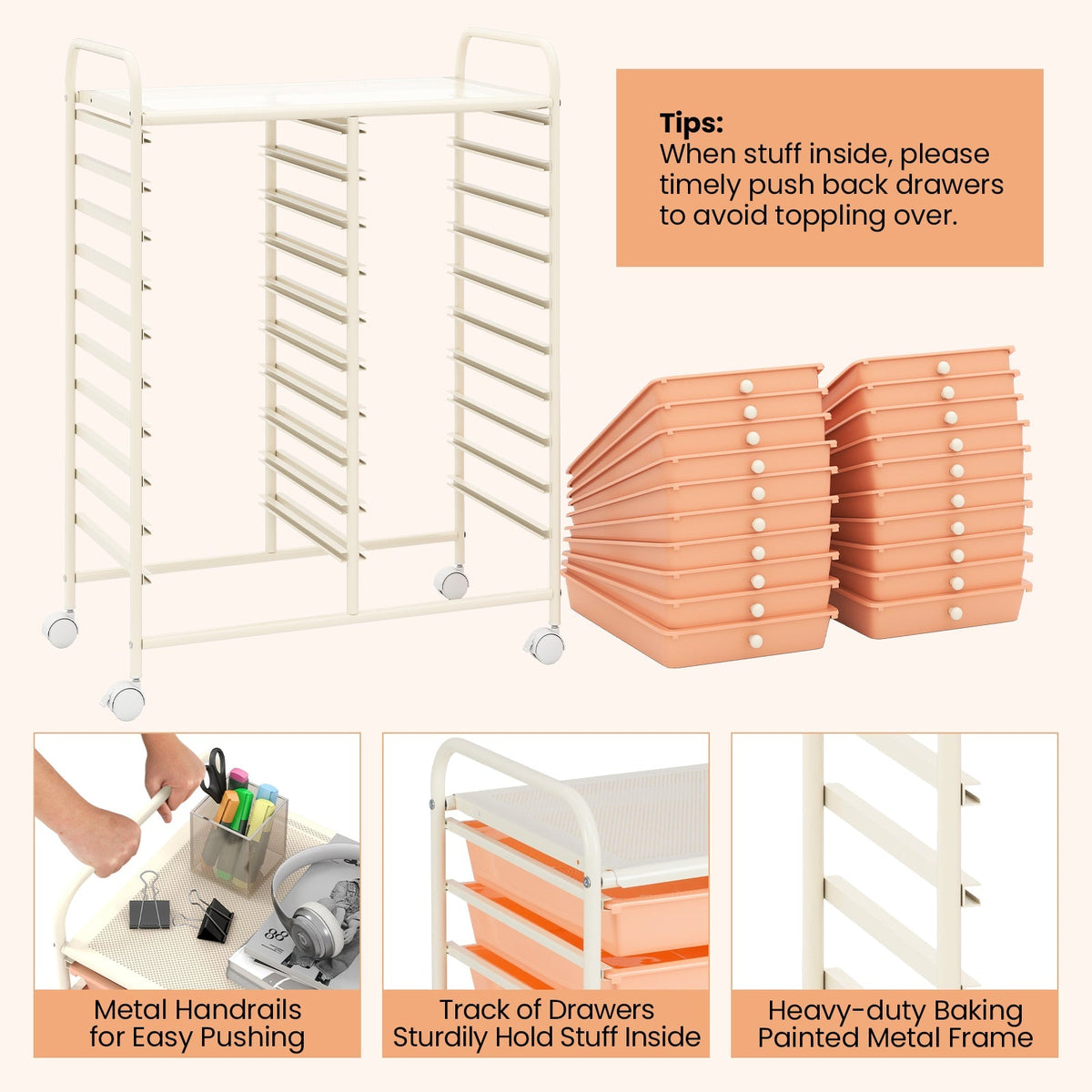 20 Drawers Rolling Storage Cart Studio Organizer-Peach
