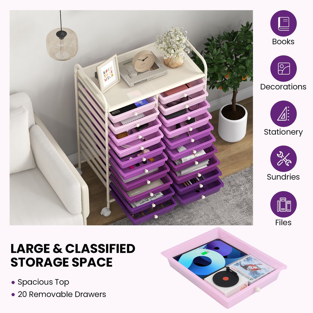 20 Drawers Rolling Storage Cart Studio Organizer-Purple