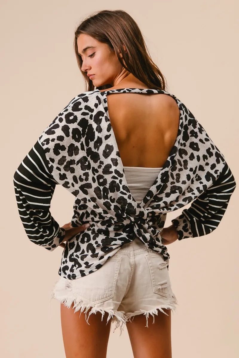 BiBi Leopard Hacci Knit Twist Back Top With Stripe Sleeve