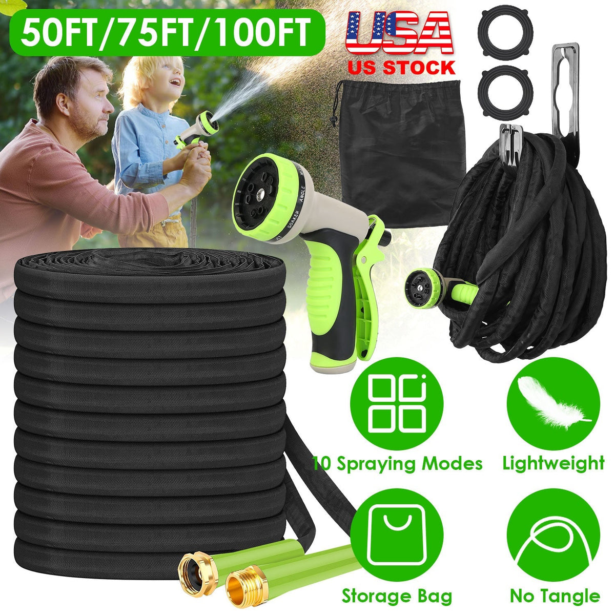 50FT Non-Expandable Garden Hose Kink-Free Lightweight Water Hose Lay Flat Garden Hose with 10 Patterns Hose Nozzle Storage Bag Hanging Hook for Outdoo