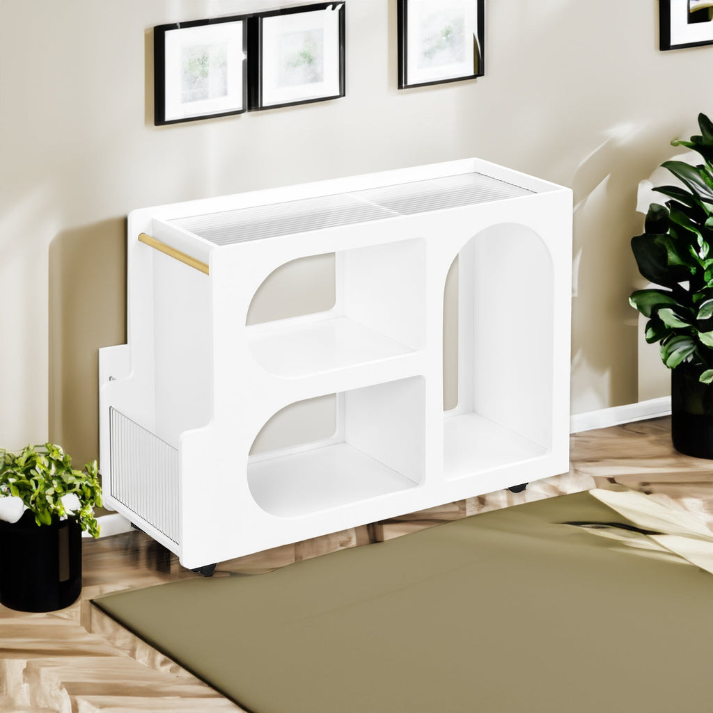 Stylish mobile desk with lockable wheels, white bedside table with 5mm thick grooved tempered glass and gold round bars