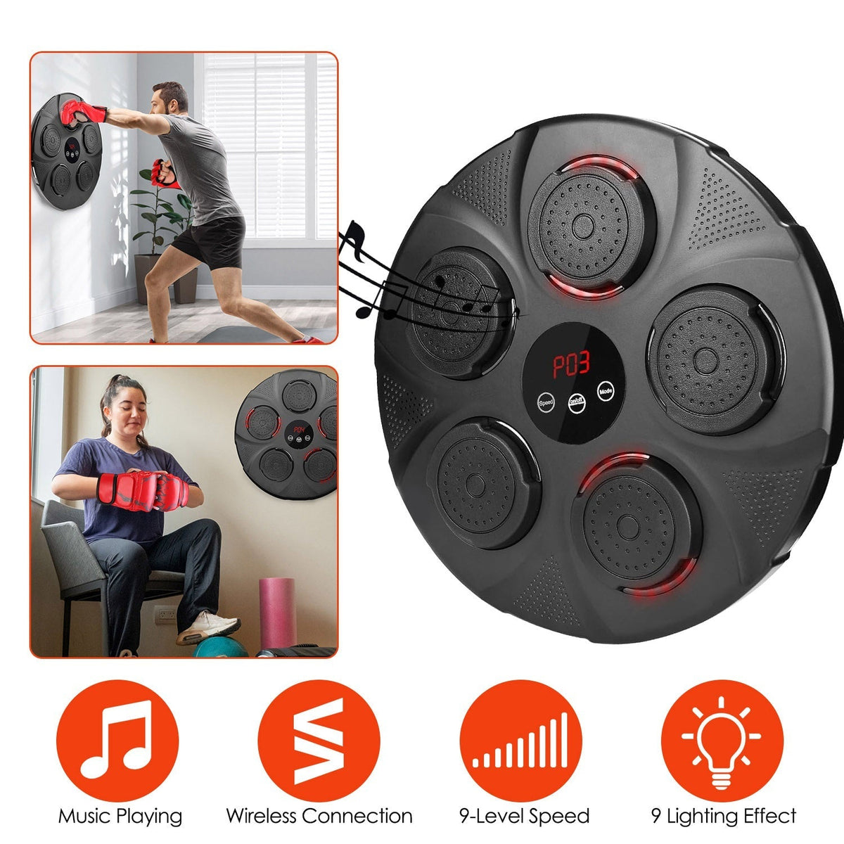 Music Boxing Machine Electronic Wall Target Punching Pad LED Lighted Sandbag Boxing Training Machine Exercise Equipment with Half Finger Adult Boxing