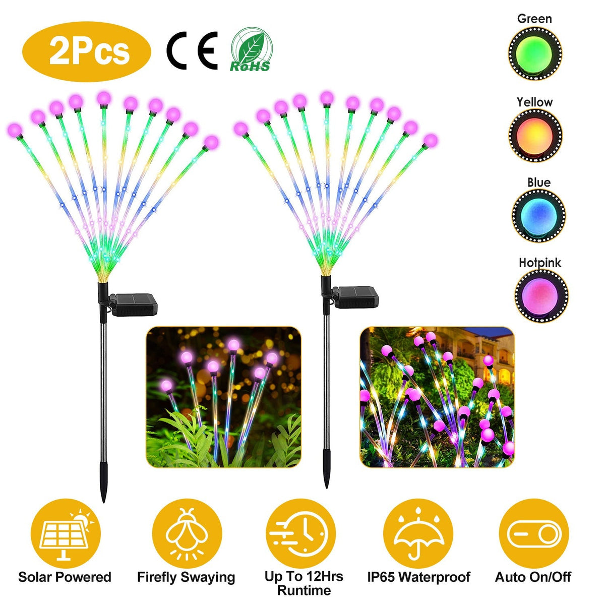 2Pcs Solar Firefly Lights Swaying Decorative Pathway Stake Lamp IP65 Waterproof Landscape Patio Yard Night Light