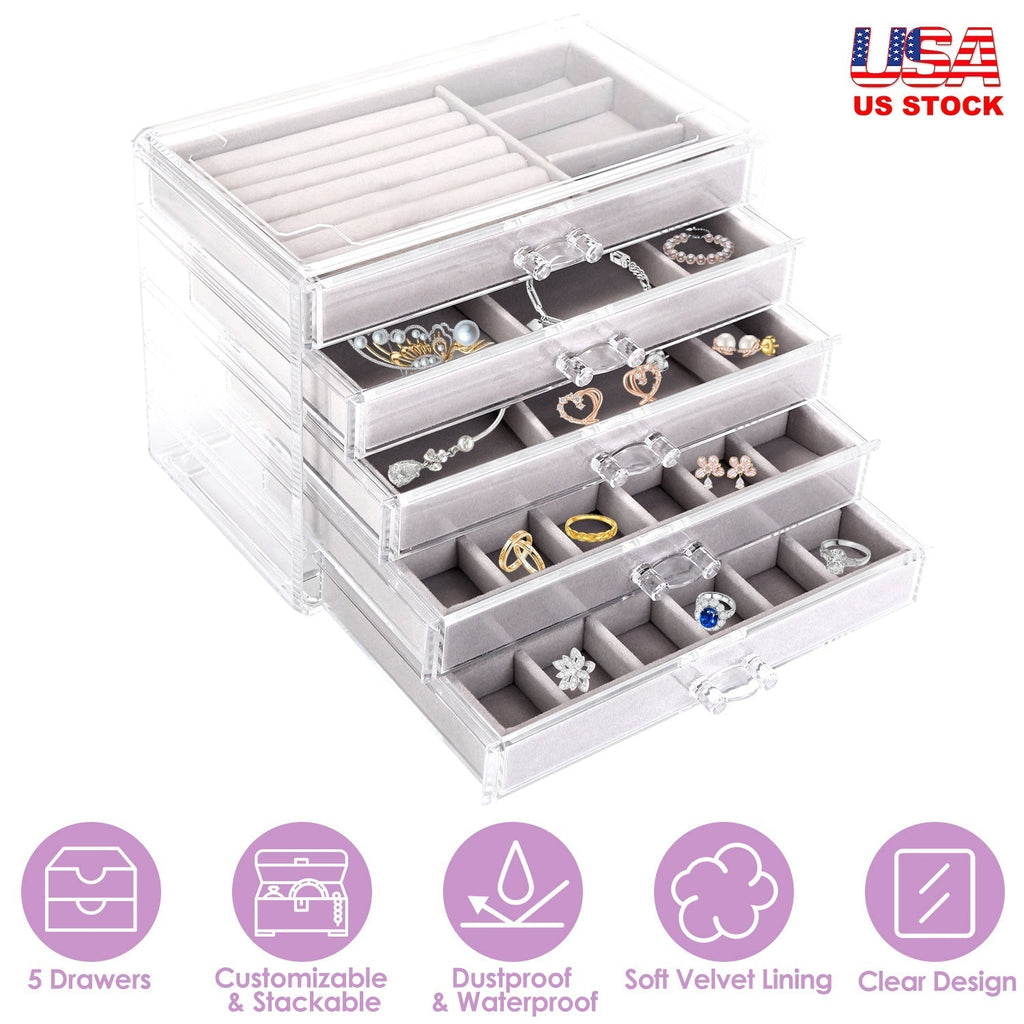 Clear Acrylic Jewelry Box Organizer with 5 Drawers Stackable Jewelry Holder Velvet Storage Case for Earrings Rings Bracelets Necklaces Ideal Gift for