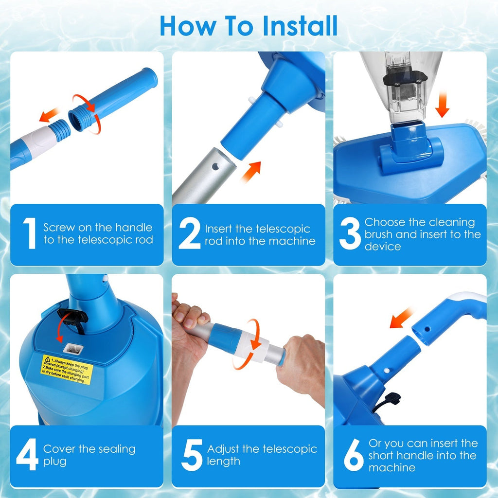 21GPM Cordless Pool Vacuum With Telescopic Pole Rechargeable Swimming Pool Cleaner with 1.8L Debris Chamber 90Mins Battery Life for In-ground Above-gr