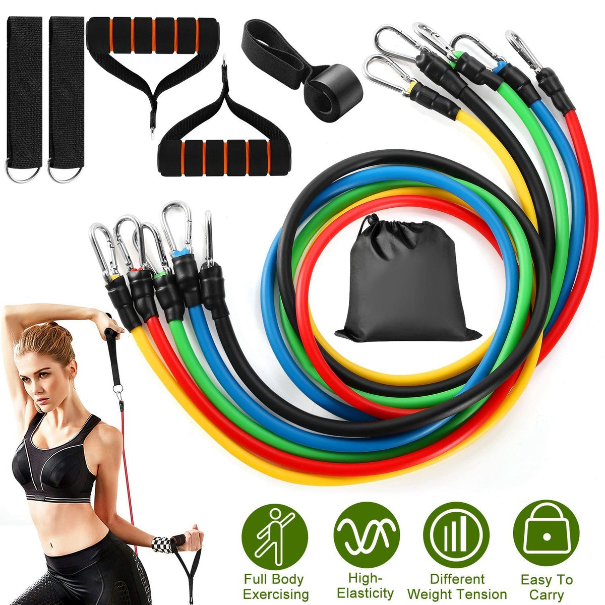 11Pcs Resistance Bands Set Fitness Workout Tubes Exercise Tube Bands Up to 100lbs w/ Door Anchor Handles Ankle Straps for Physical Training Yoga Pilat
