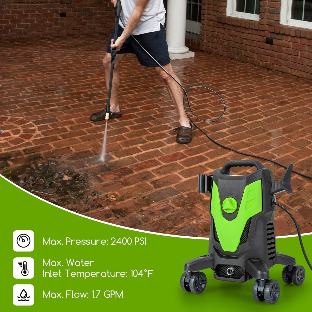 2400 PSI Electric Pressure Washer with 4 Universal Wheels