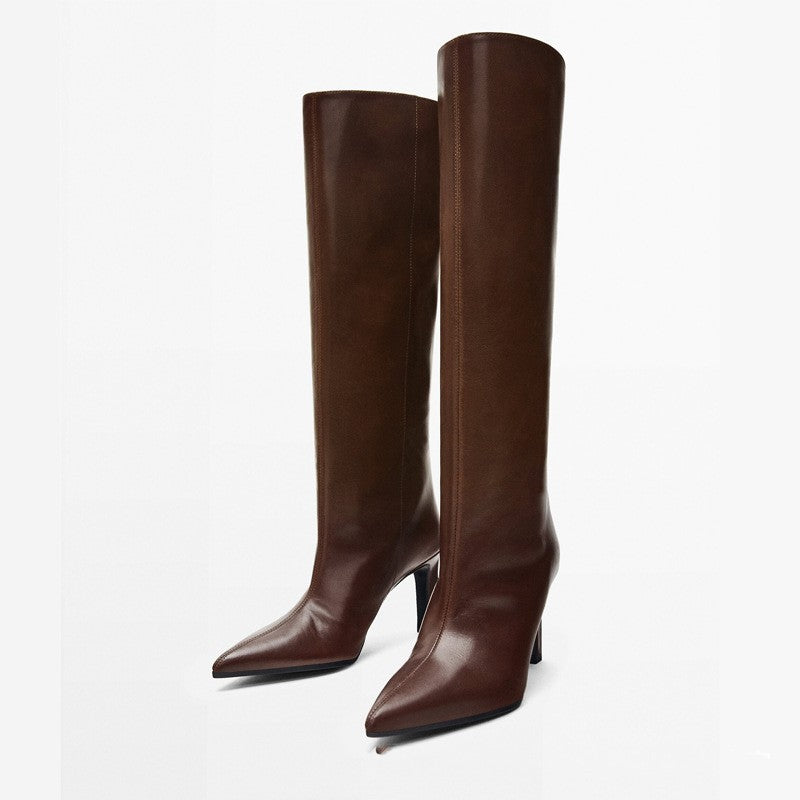 High Heel Leather Knight Boots Pointed Toe
