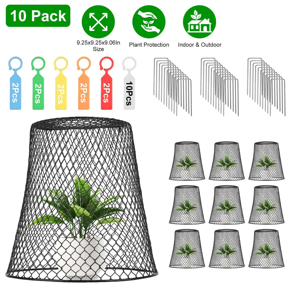 10Pack 9.25x9.25in Chicken Wire Cloches Plant Covers Metal Garden Cages Heavy Duty Plant Protectors with 30 Stakes 20 Labels Keep Bunnies Chicken Squi
