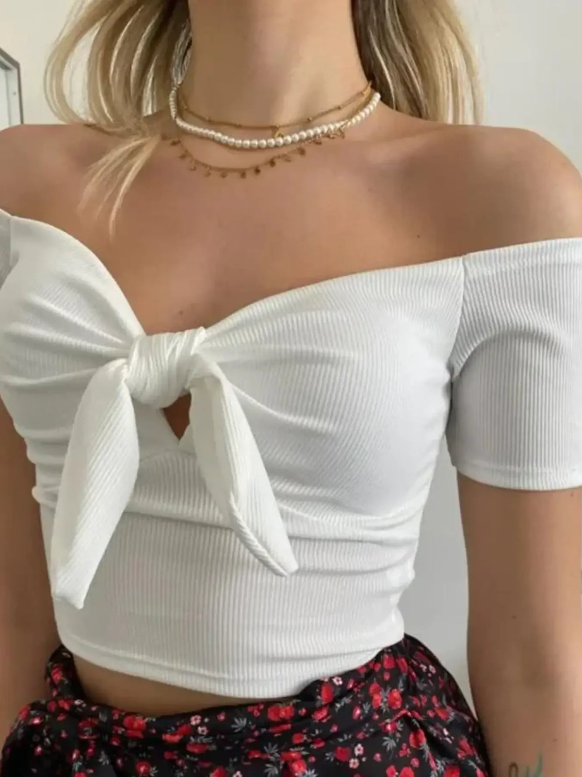 Off-Shoulder Bow-Tie Crop Top