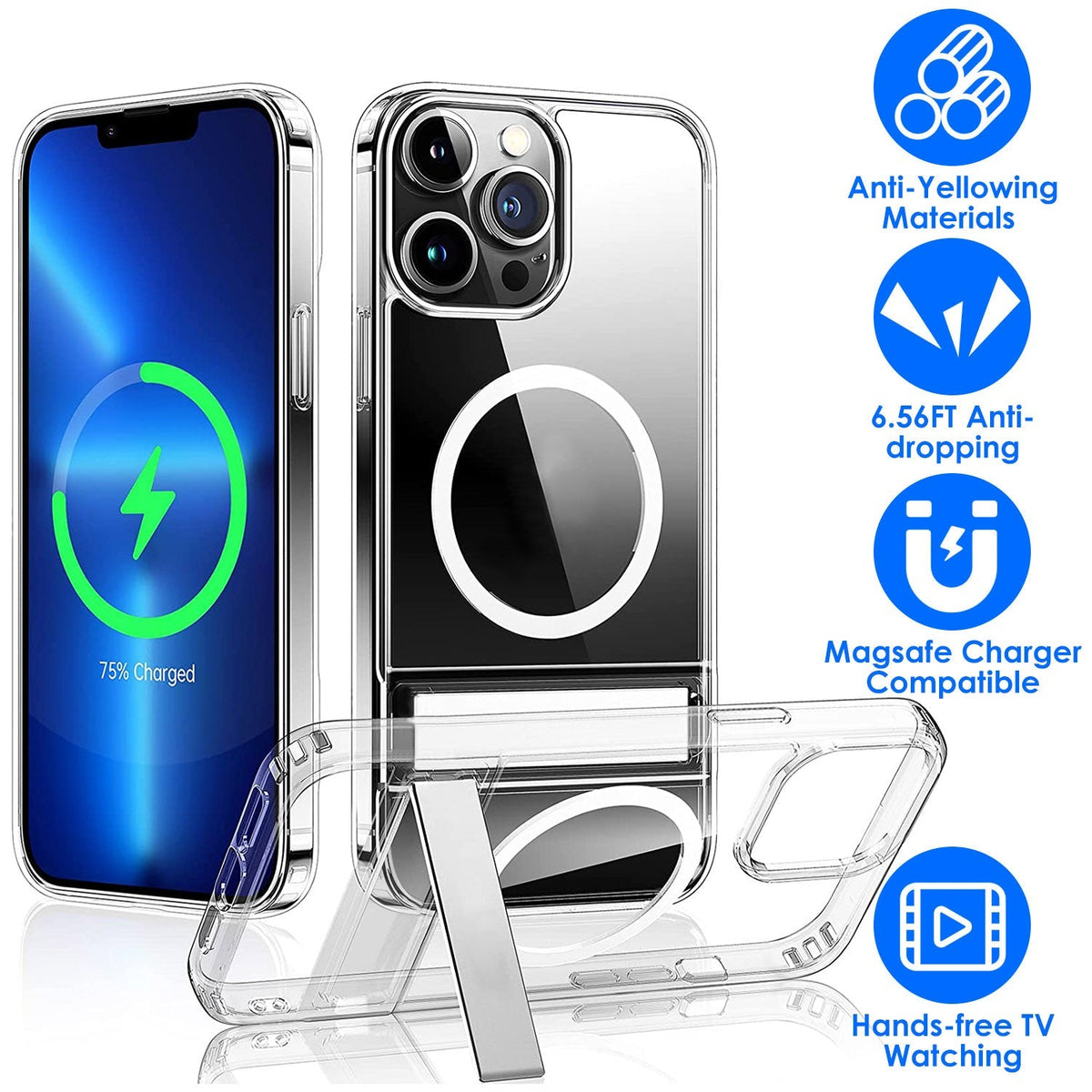 Magnetic Metal Kickstand Clear Case Shockproof Anti Yellowing Phone Cover Compatible with Magsafe Fit for IOS Phone 13 Pro
