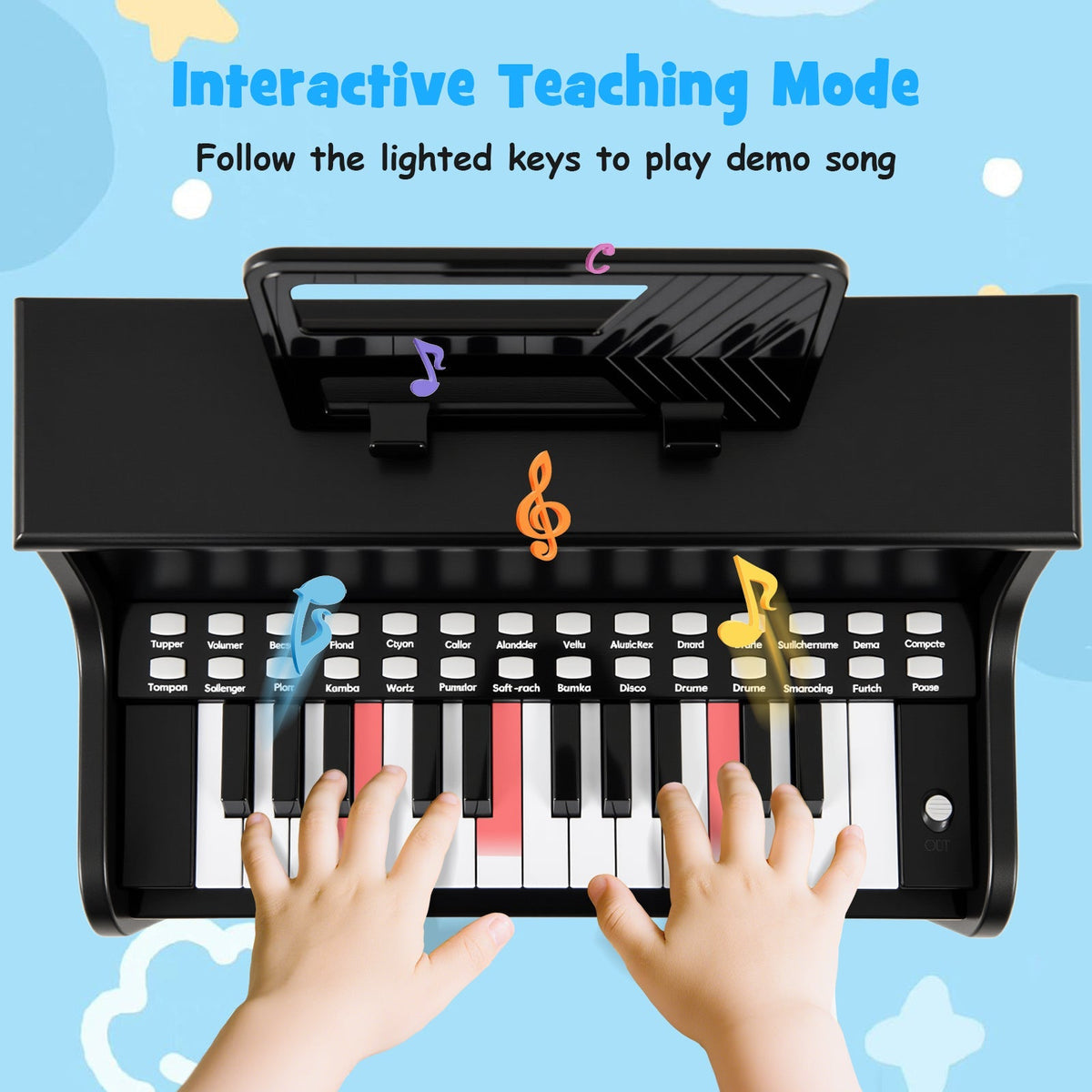 25 Keys Kids Piano Keyboard with Stool Mini Digital Piano Wooden Toy with Adjustable Speed and Volume