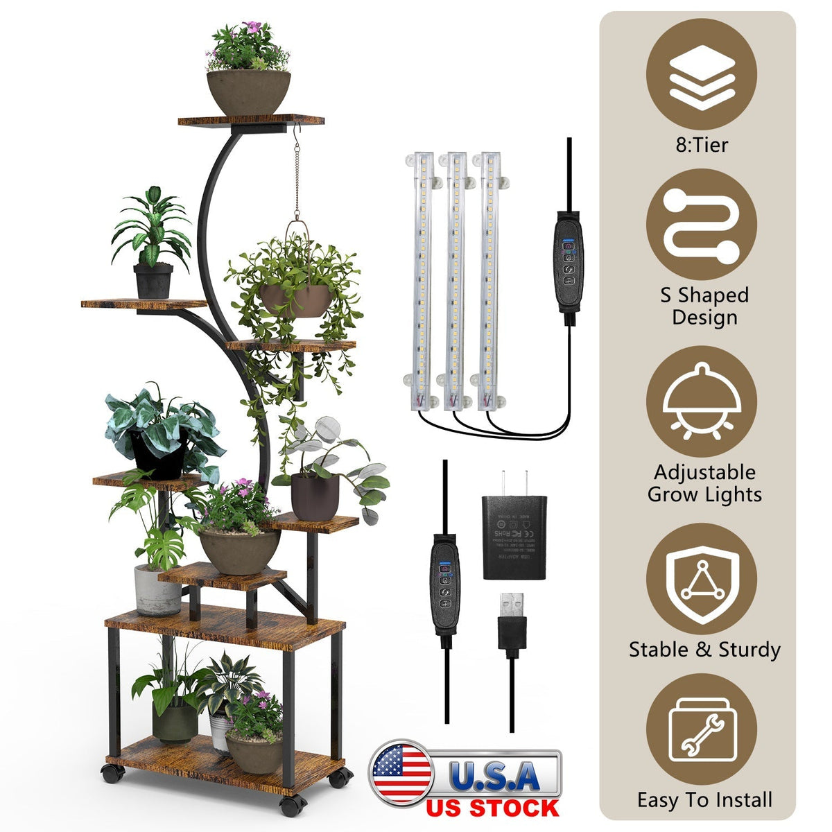 8 Tiered Plant Stand Indoor With Grow Lights S-shaped Lighted Plant Shelf 61.42in Plant Tower with 4 Lockable Wheels for Living Room Patio