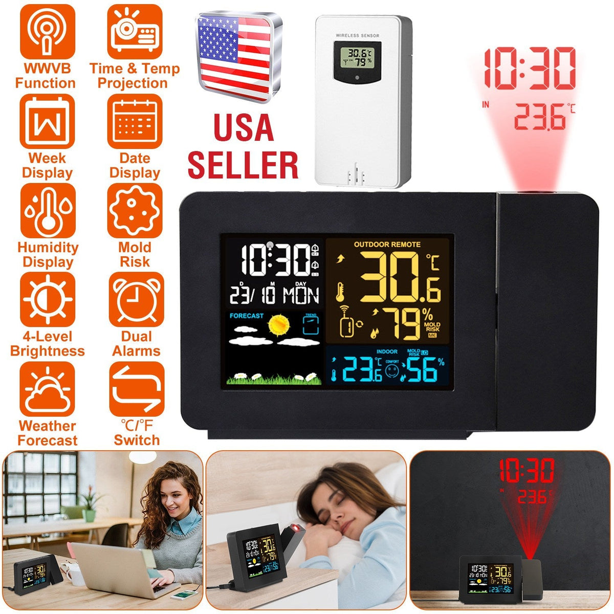 Atomic Projection Alarm Clock Radio Control Clock with WWVB Function Weather Station Dual AlarmsÊSnooze Outdoor Wireless Temperature Humidity Sensor