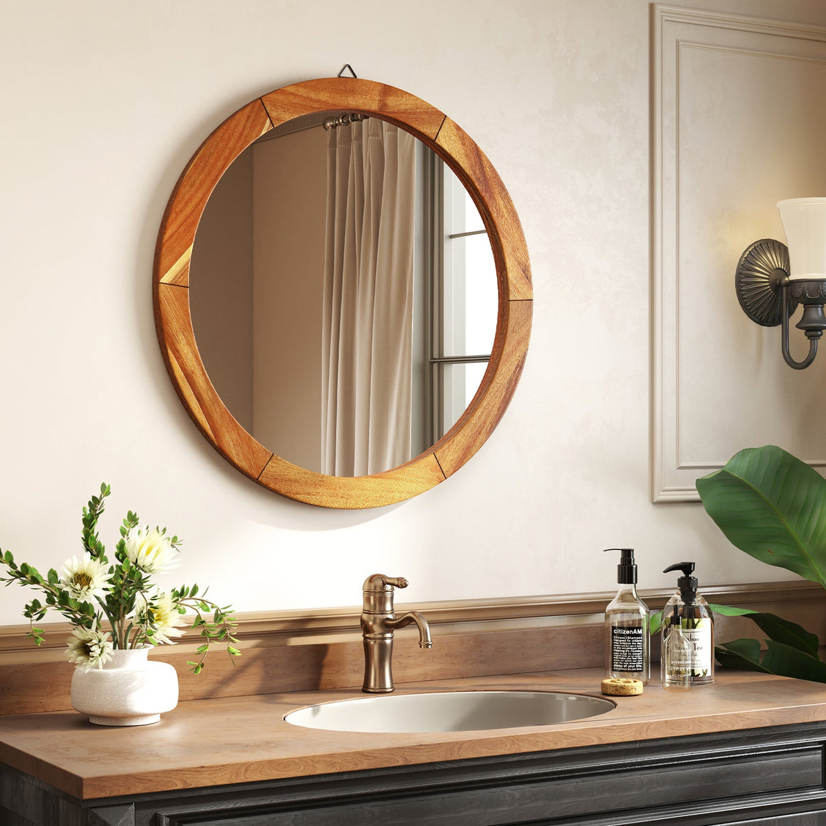 27 Inch Round Wall Mirror with Solid Acacia Wood Frame-Brown