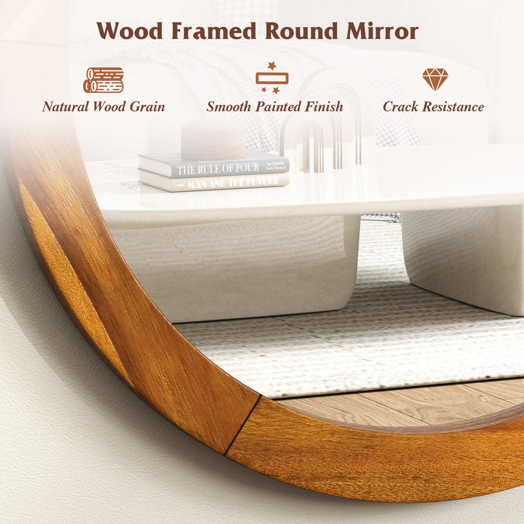 27 Inch Round Wall Mirror with Solid Acacia Wood Frame-Brown
