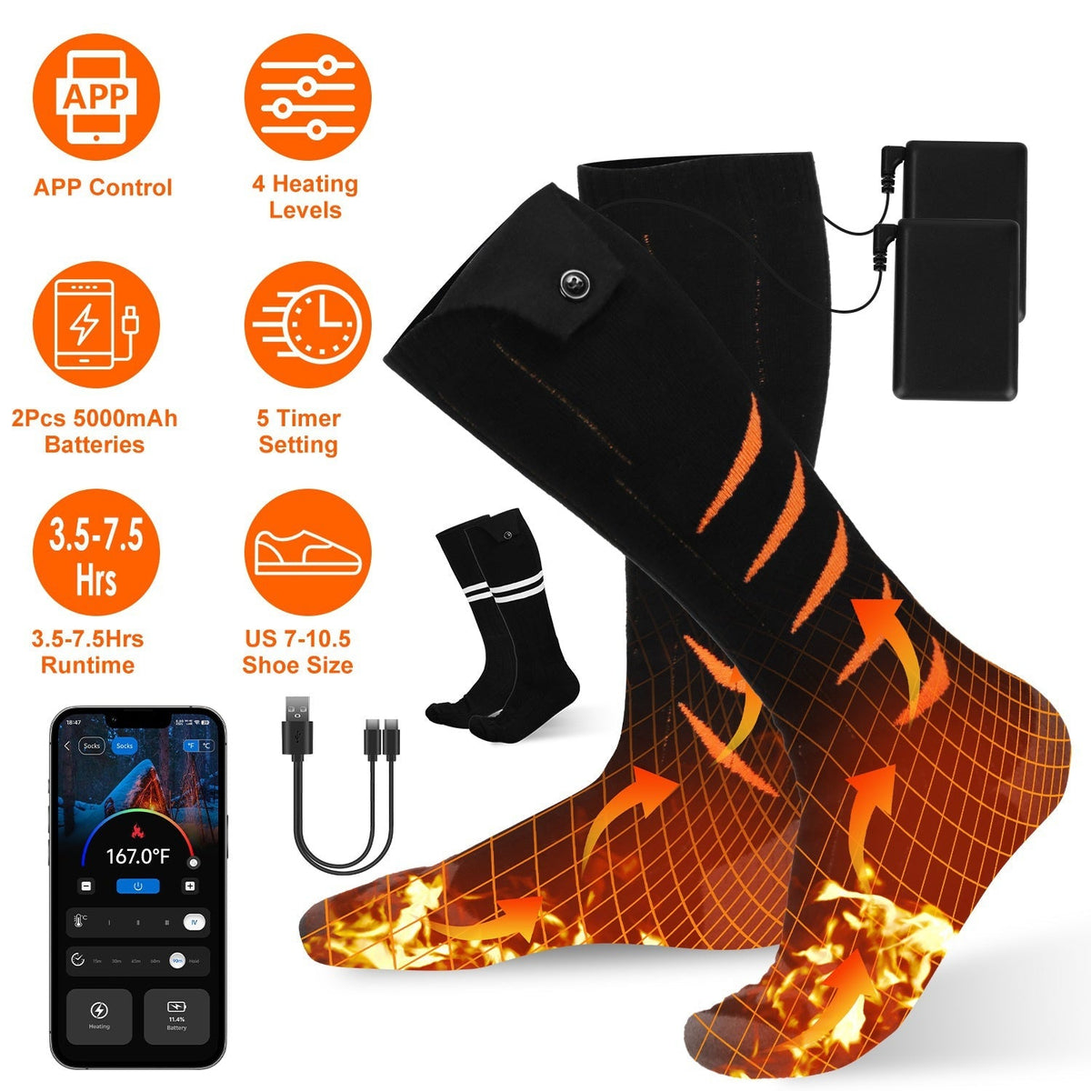 Heated Socks for Men Women Electric Heating Socks with APP Control 5000mAh Battery RechargeableÊThermal Socks Winter Warm Socks for Skiing Hiking Camp