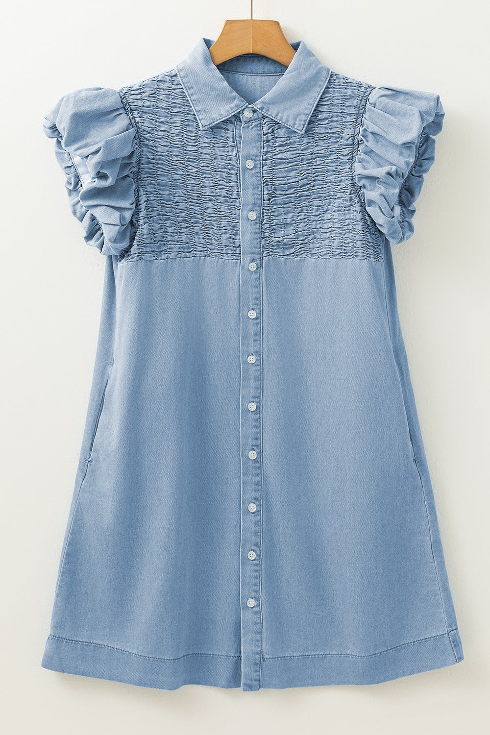 Smocked Collared Neck Cap Sleeve Denim Dress