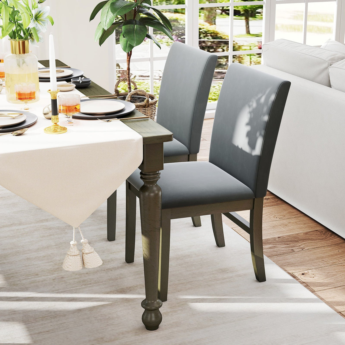 Upholstered Dining Chairs Set of 2 with Rubber Wood Legs and High Back-Gray