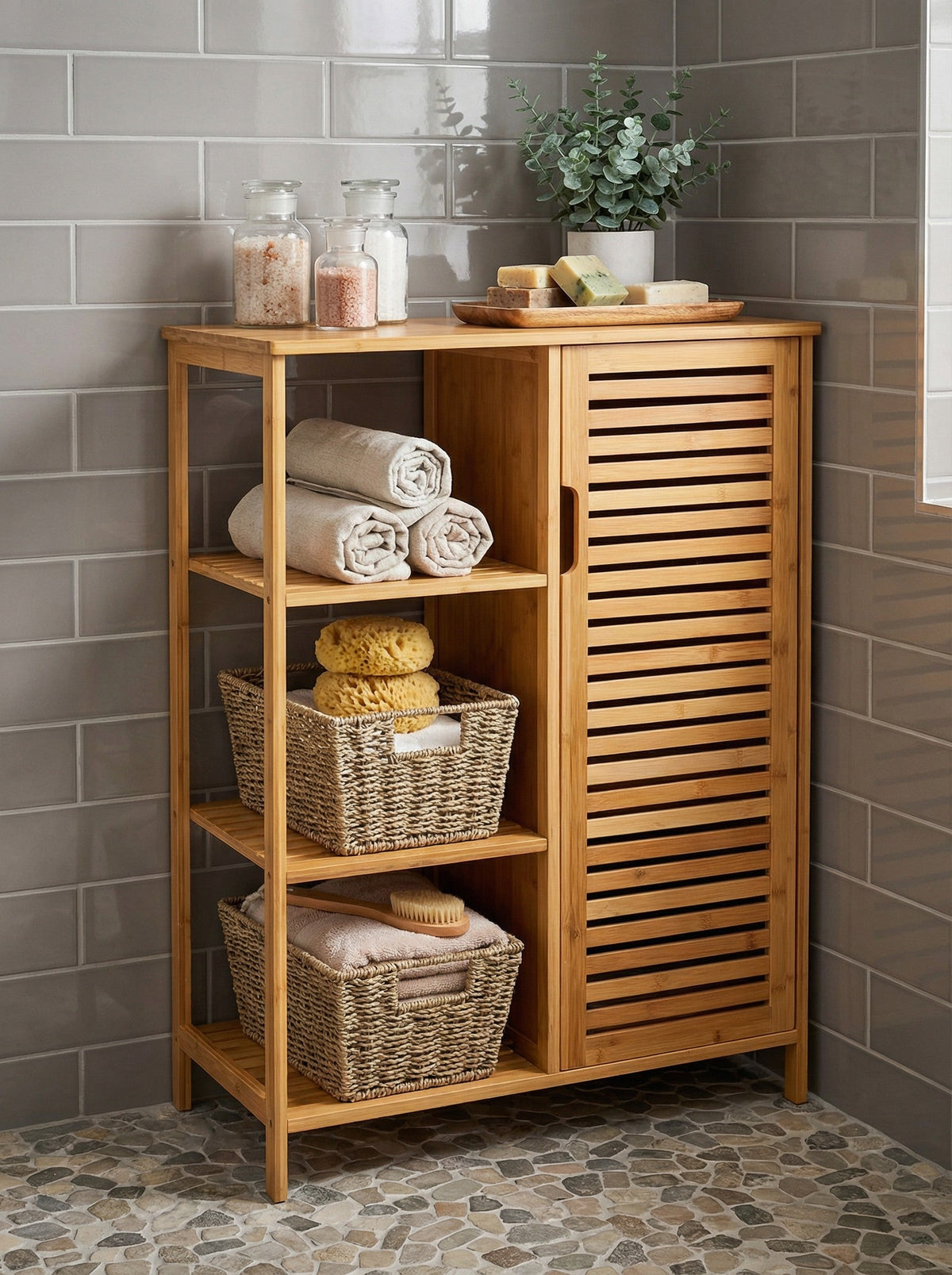 Bamboo 4 Tier Floor Cabinet with Doors, Freestanding Storage
