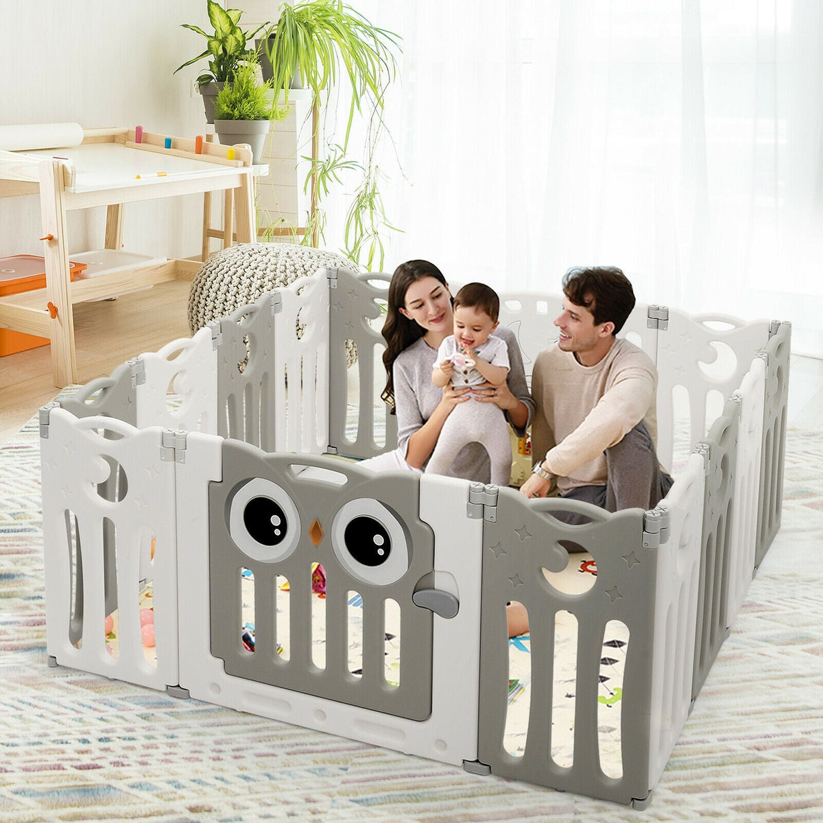 14-Panel Baby Playpen Kids Activity Center Foldable Play Yard with Lock Door-Beige
