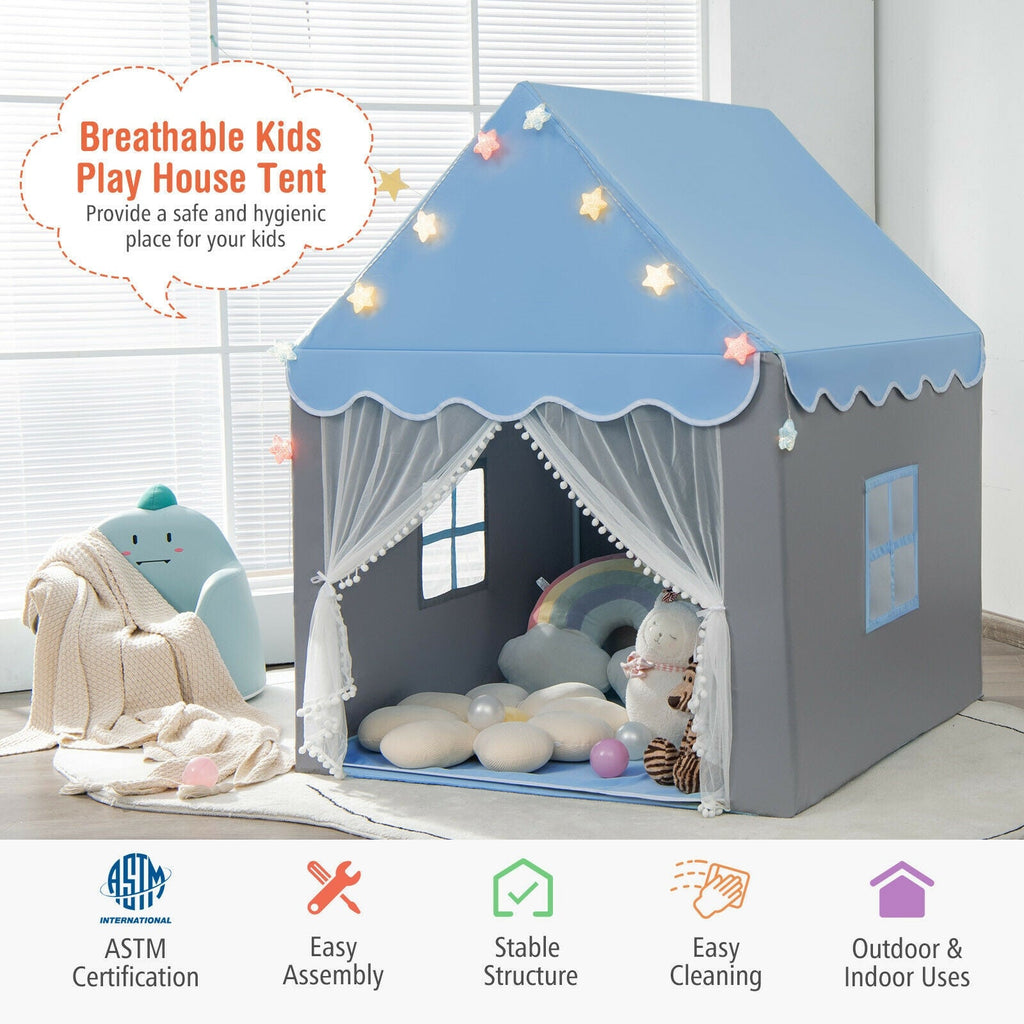 Kids Playhouse Tent with Colorful Star Lights and Mat-Blue