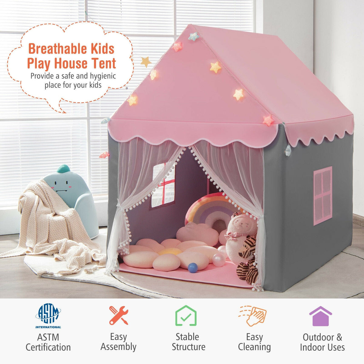 Kids Playhouse Tent with Star Light and Mat-Pink