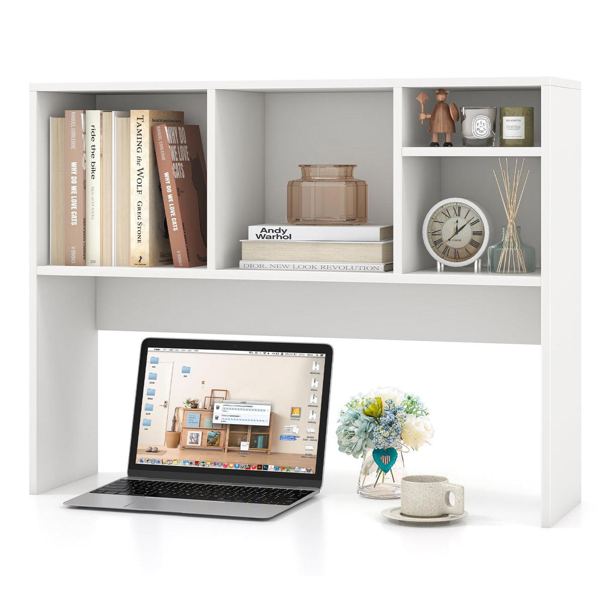 Computer Desktop Bookcase with 4 Cubbies and Open Back Compartment
