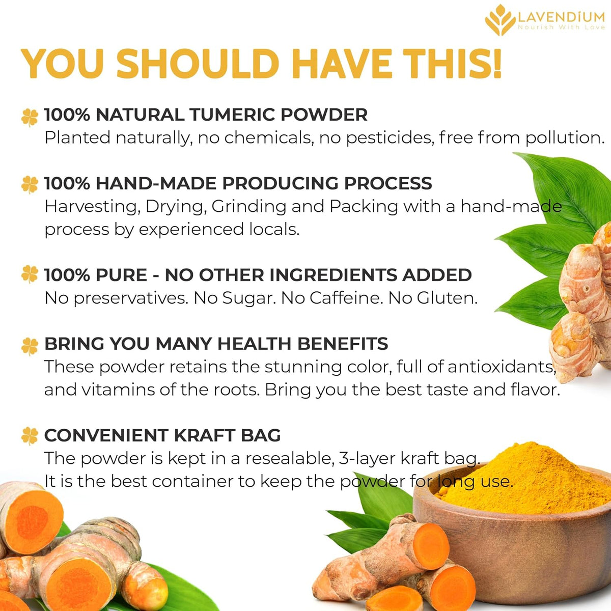 Turmeric Powder, 100% Natural & Pure, Ground, Seasoning Root Powder, No Additives, No Gluten, Vegan