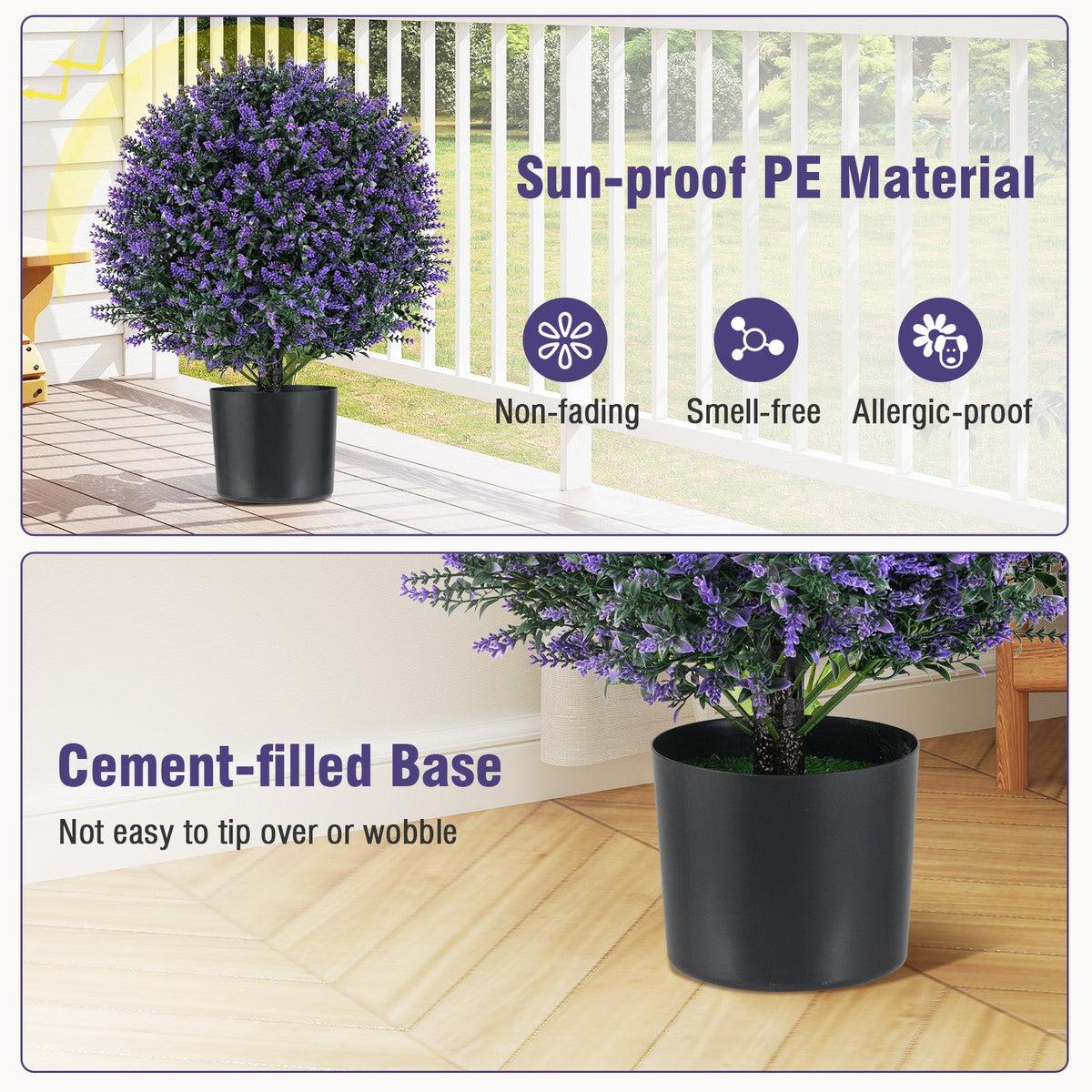 2 Pack Artificial Lavender Topiary Ball Tree Faux Shrub Bushes with Flowers-Purple
