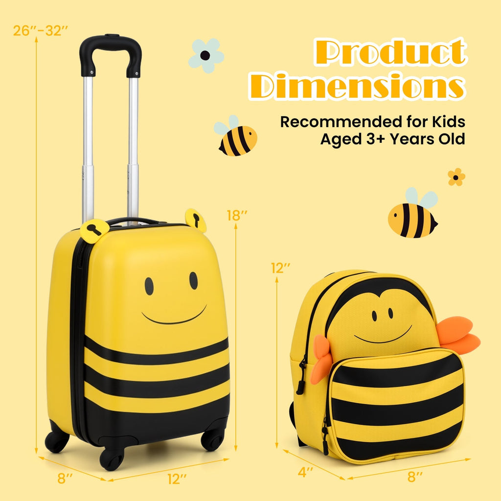 2 Pieces Kids Luggage Set on Wheels with Anti-Lose Rope and Retractable Rod-Yellow