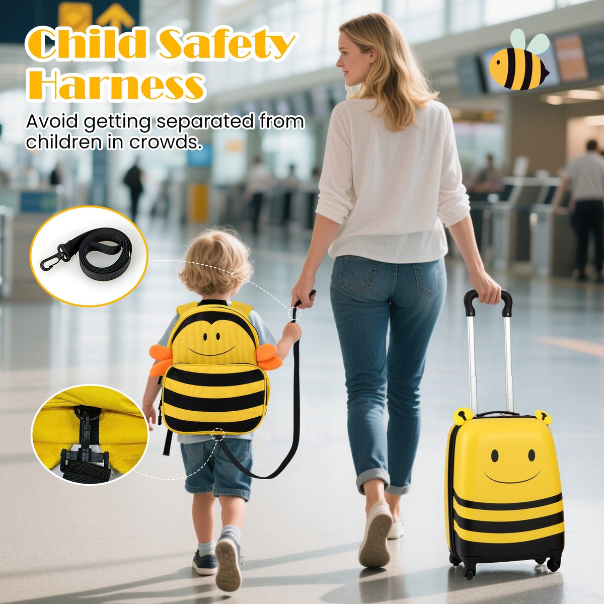 2 Pieces Kids Luggage Set on Wheels with Anti-Lose Rope and Retractable Rod-Yellow