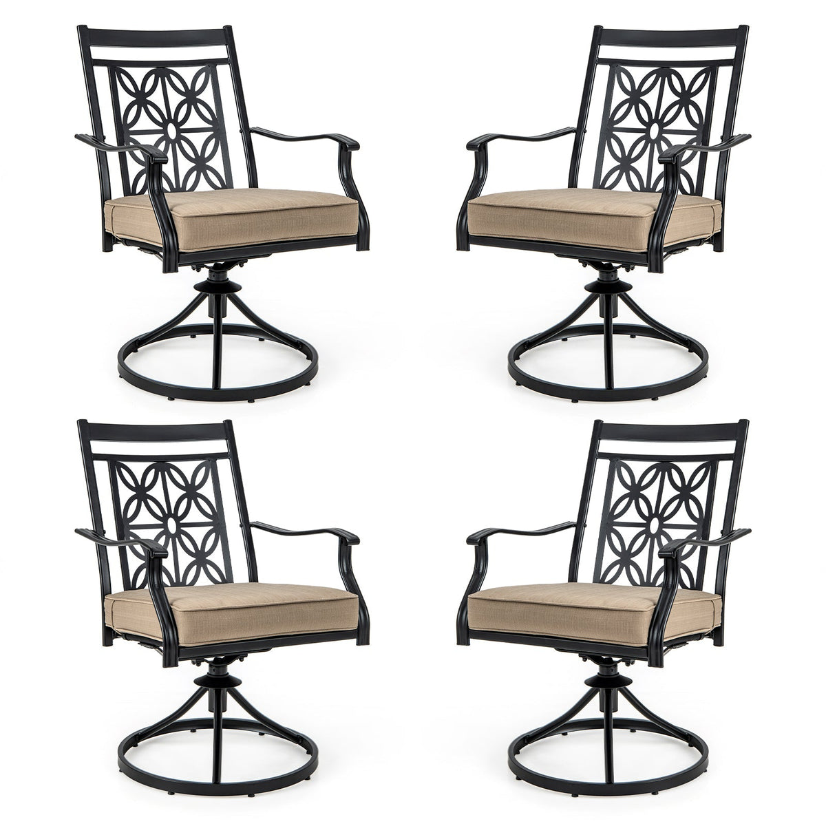 2 Pieces Patio Swivel Chairs with Blossom Pattern Backrest and Cushions-Black