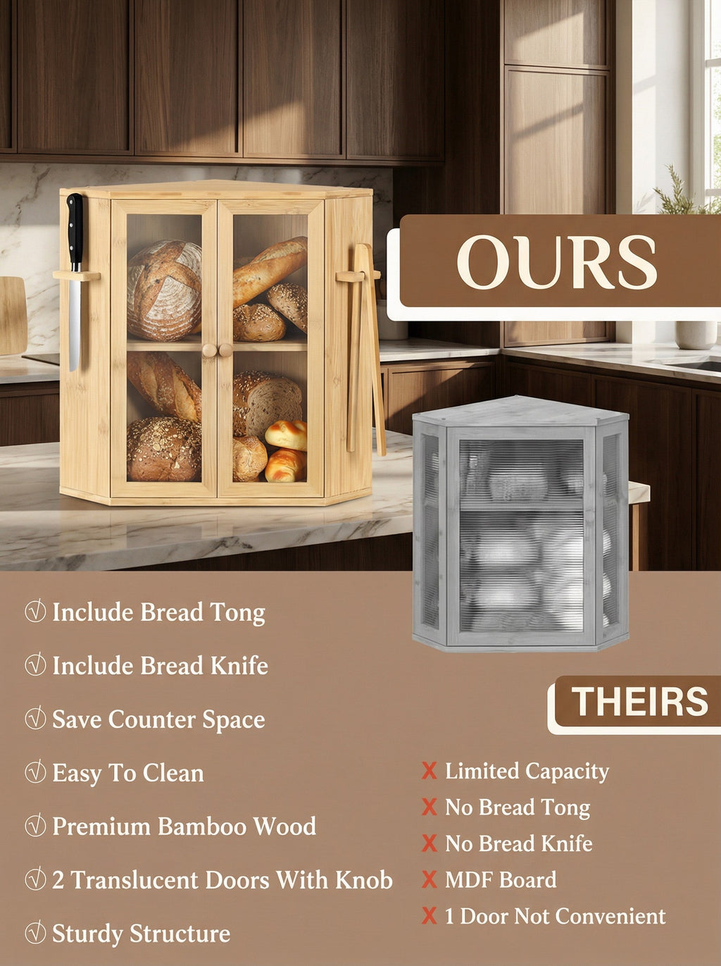 Bamboo Bread Box with Clear Doors – 2-Tier Kitchen Countertop Organizer