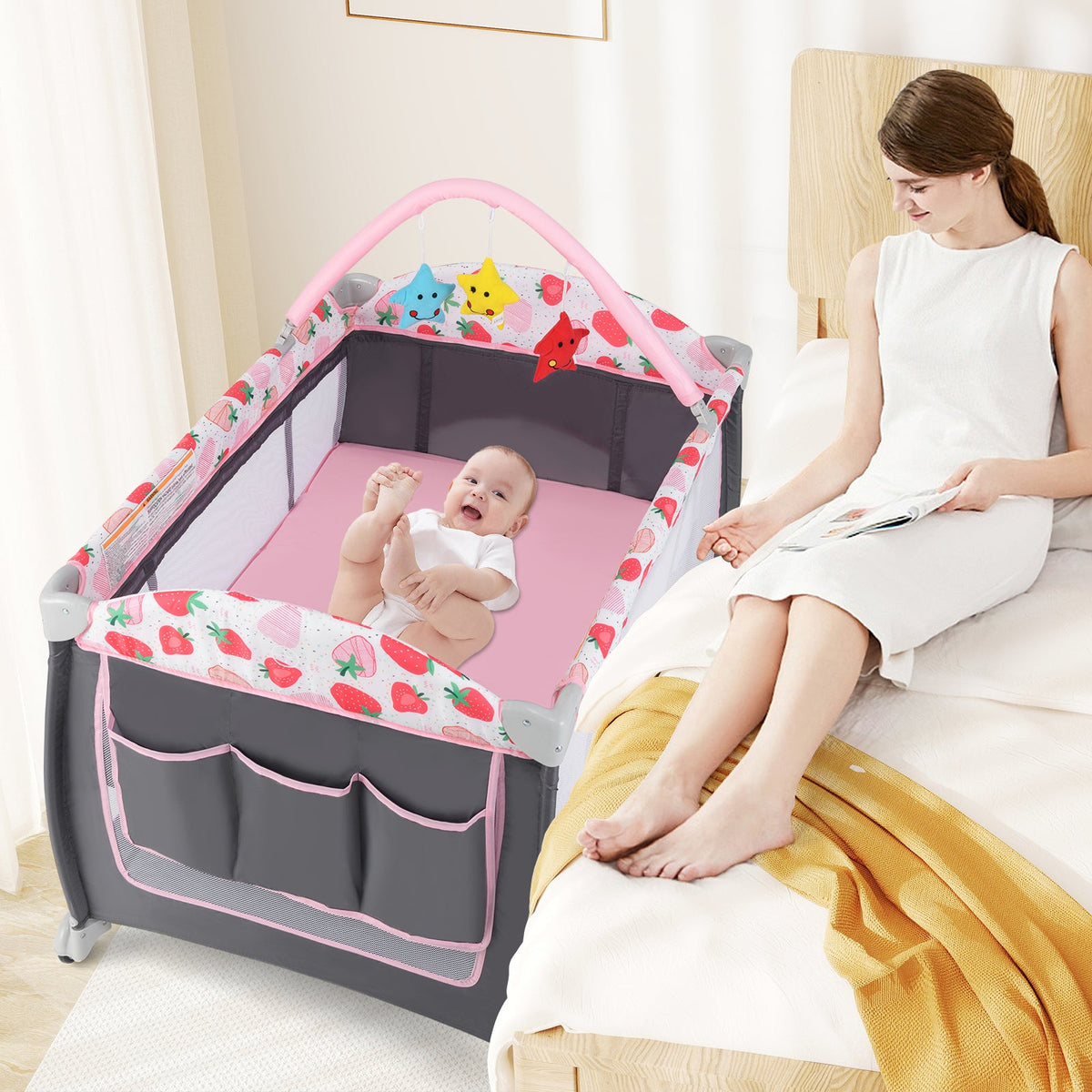 3-in-1 Portable Baby Playard with Zippered Door and Toy Bar-Red