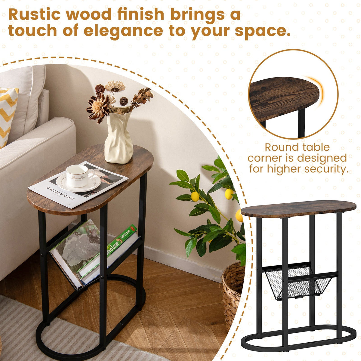2-tier Oval Narrow Bedside End Table