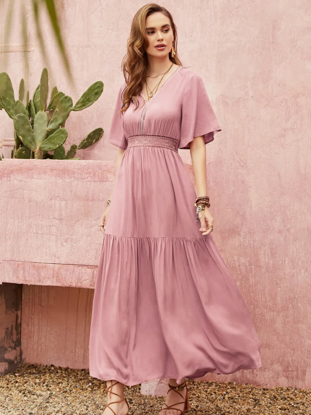 Lace Detail V-Neck Short Sleeve Dress