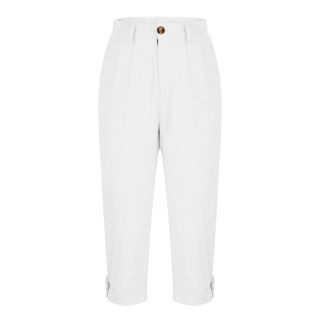 Womens Solid-color Buttoned Roll-up Capri Pants