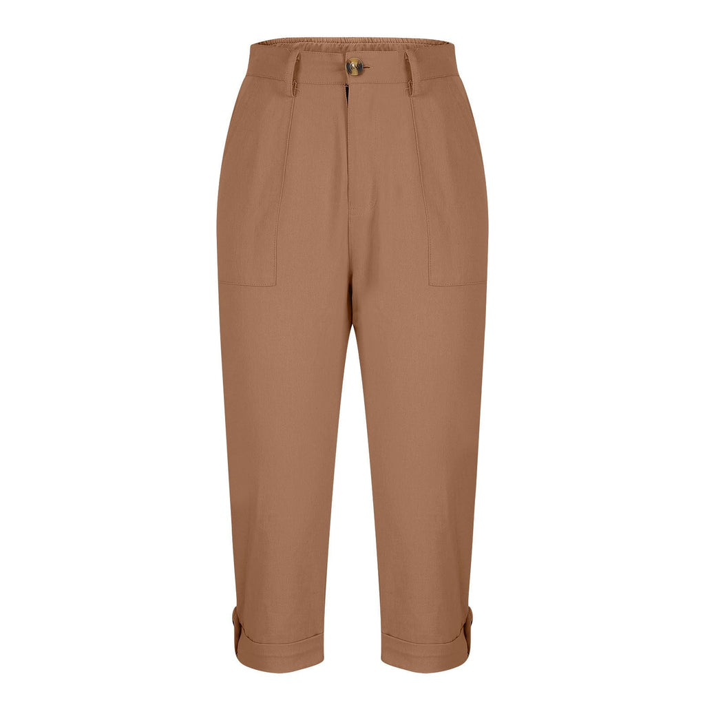 Womens Solid-color Buttoned Roll-up Capri Pants