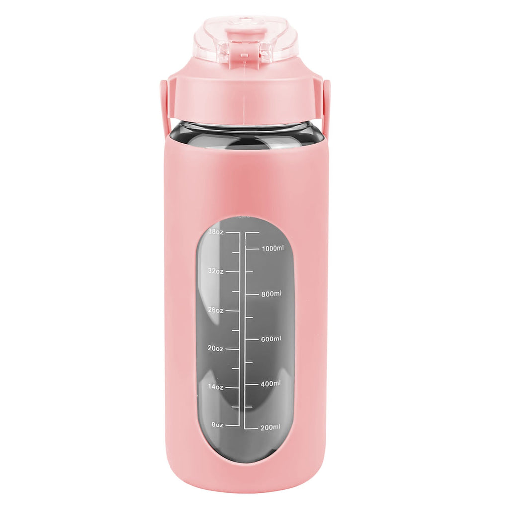 64Oz Glass Water Bottle Sports Water Bottle Motivational Water Bottle Water Intake Tracker Bottle with Straw Time Marker Silicone Sleeve Handle for Gy