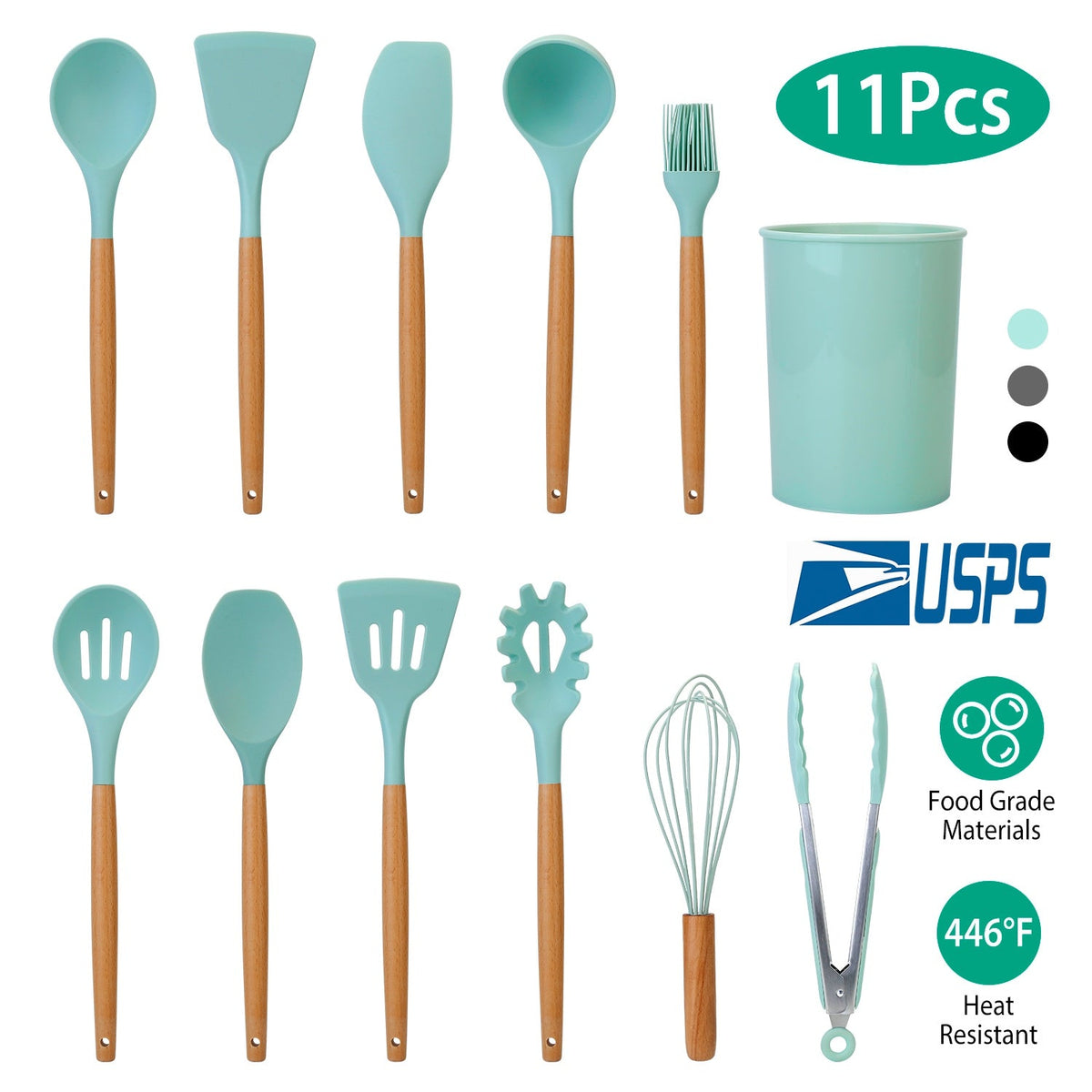 11Pcs Silicone Cooking Utensil Set Heat Resist Wooden Handle Silicone Spatula Turner Ladle Spaghetti Server Tongs Spoon Egg Whish Kitchenware Set w/ H