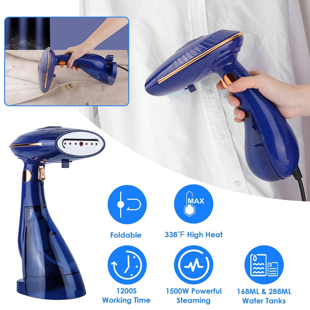 1500W 2 In 1 Foldable Garment Steamer Handheld Fabric Wrinkle Remover with 168ML & 288ML Water Tanks For Flat Hanging Ironing