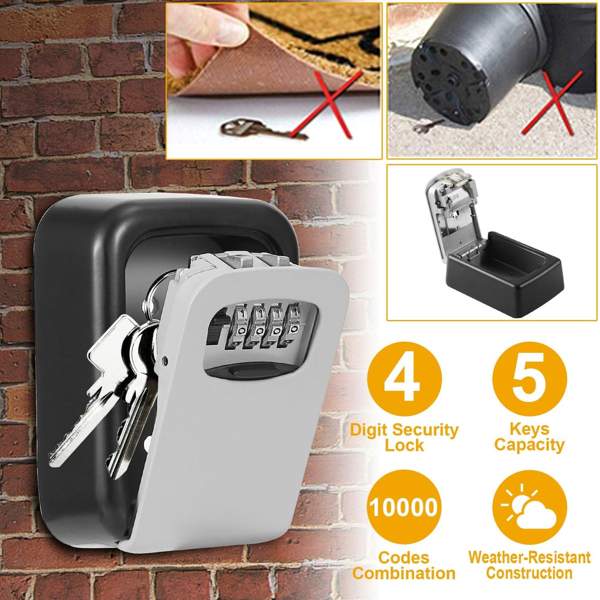 Key Lock Box Keys Storage Lock Box with 4 Digits Combination Resettable Codes Wall Mounted Outdoor Waterproof Cover