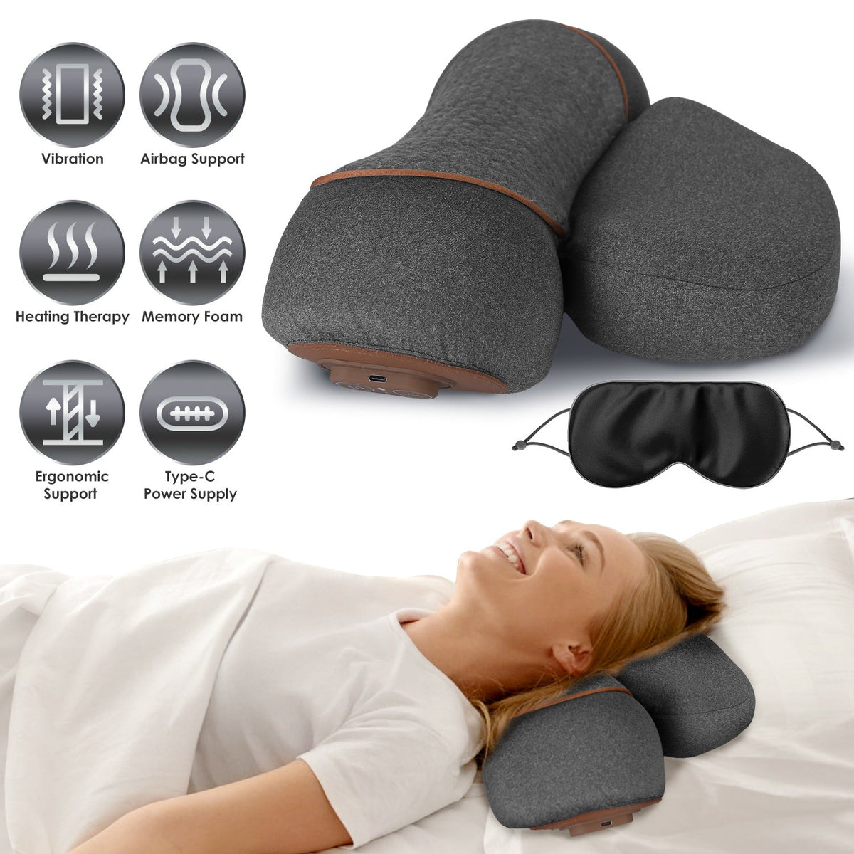 3 In 1 Neck Massager Pillow With Vibration Heating Therapy Airbag Stretching Memory Foam Fillings Ergonomic Cervical Massager With Portable Storage Ba