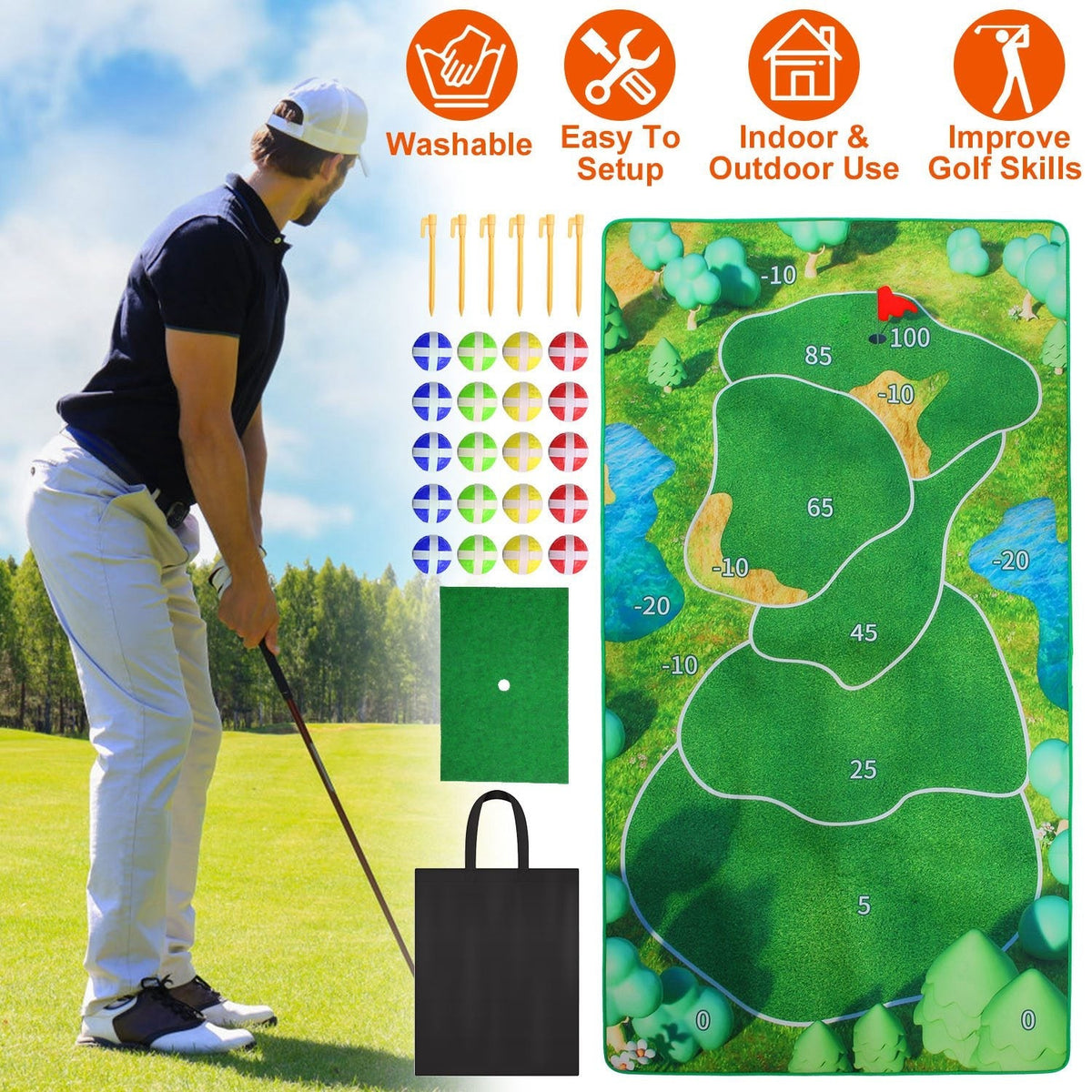 Golf Game Set Golf Game Training Mat Chipping Mat 20Pcs Sticky Golf Balls Indoor Outdoor Golf Practice Mat For Kids Party Family Gathering