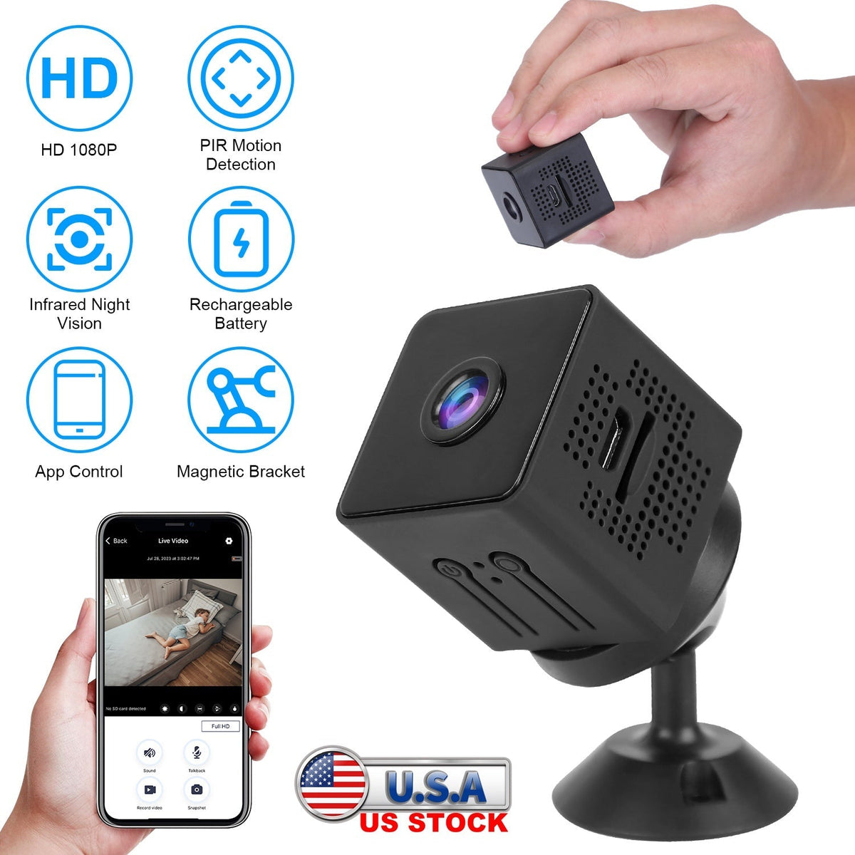 1080P 2.4G WiFi Mini Security Camera for Pet Baby Monitor Compact Wireless Camera with PIR Motion Detection Night Vision App Control 32G MMC Card Stor