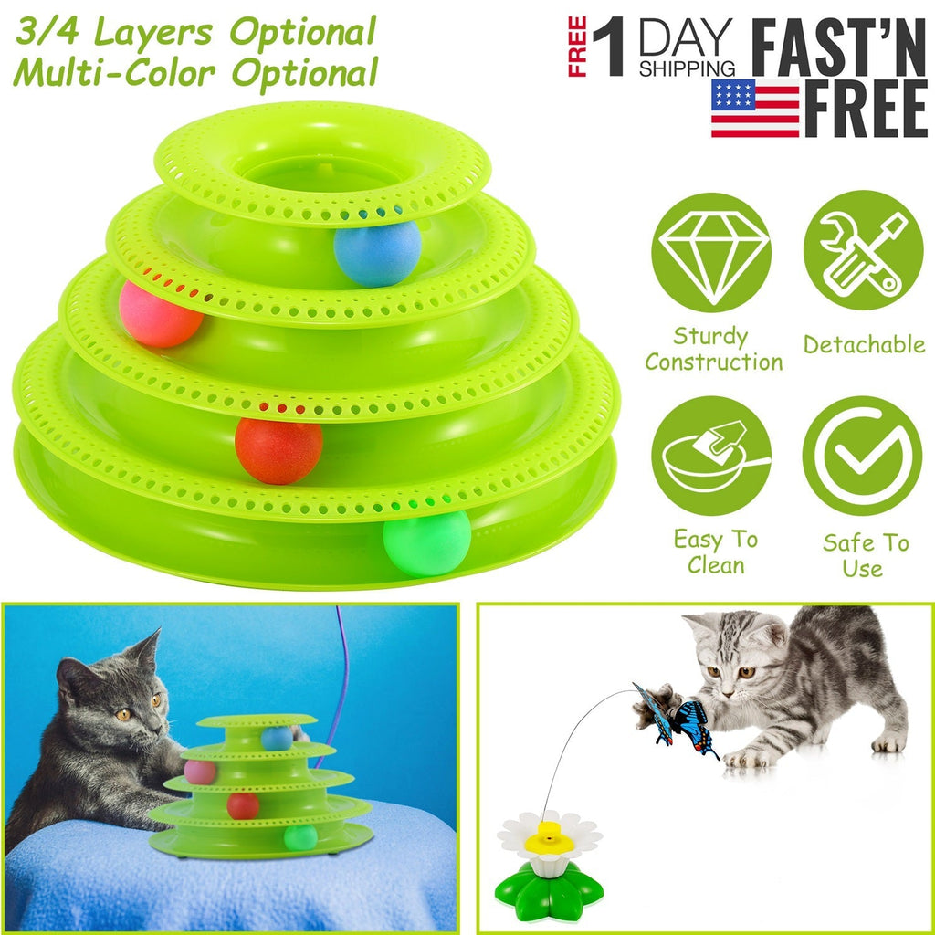 Cat Track Tower Toys 4-Layer Ball Track Interactive Cat Toys Electric Rotate Butterfly Birds