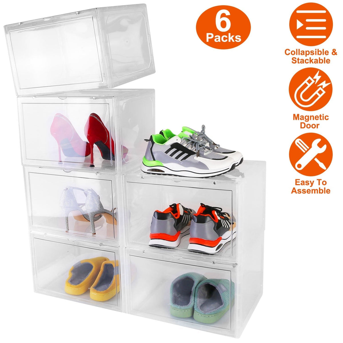 6Packs Collapsible Shoe Box Stackable Shoe Storage Bin Transparent Dustproof Hard PP Shoe Organizer Container with Magnetic Door