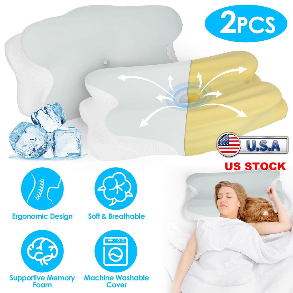 2 Pack Orthopedic Memory Foam Pillows with Cooling Case Neck Support Pillows with Machine Washable Case for Side Back Stomach Sleepers