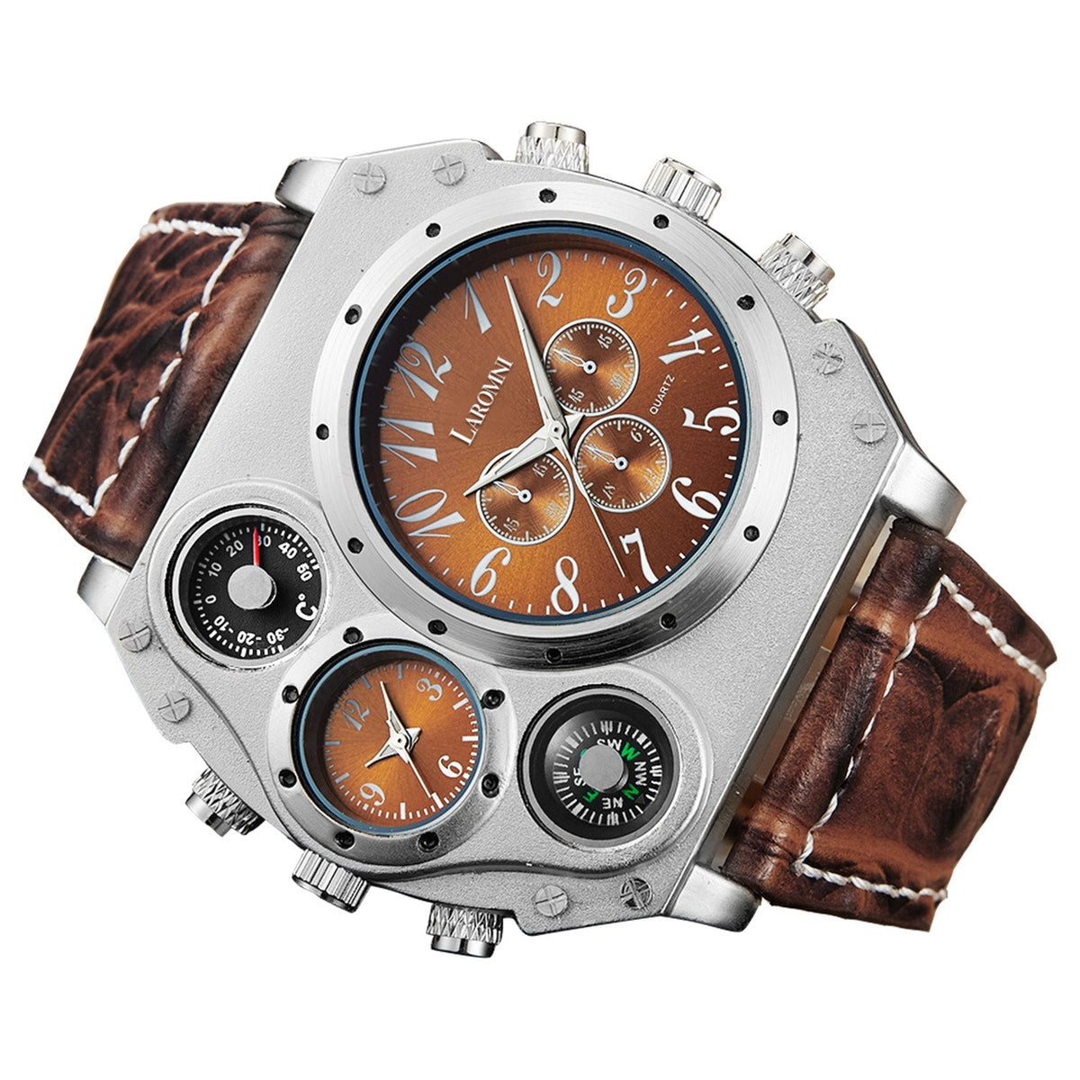 MenÕs Quartz Watch Two Time Zone Big Face Military Style Compass Thermometer Decorative Dial PU Leather Strap